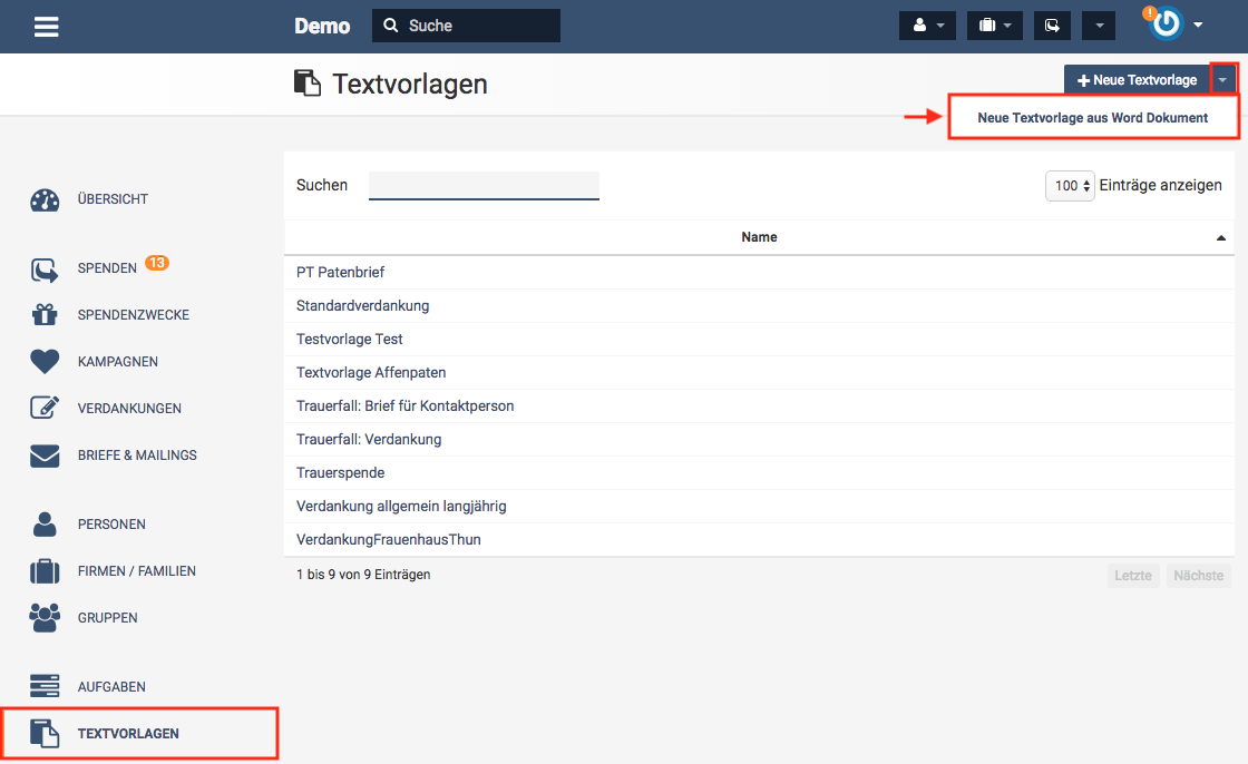 Worddokument importieren in der Spendensoftware Cura.