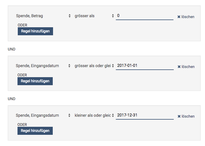 Spendensumme und Spendenanzahl eines Kontakts filtern.