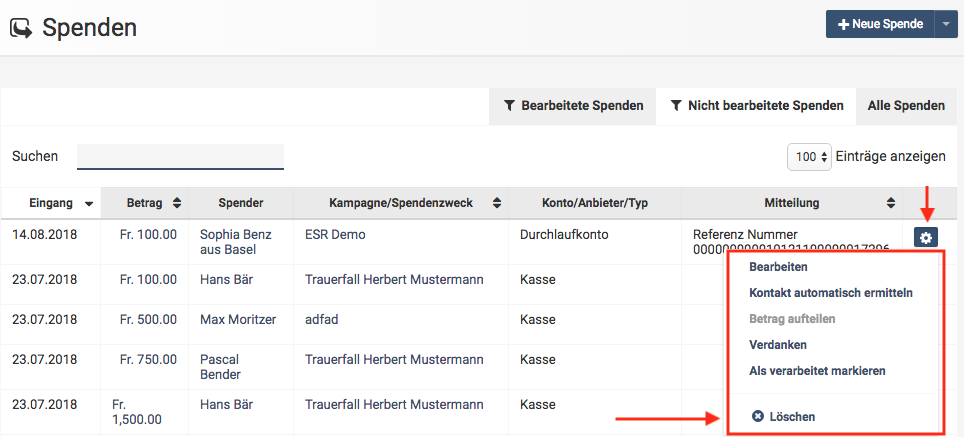 Aktionen, die auf einer Spende ausgeführt werden können.